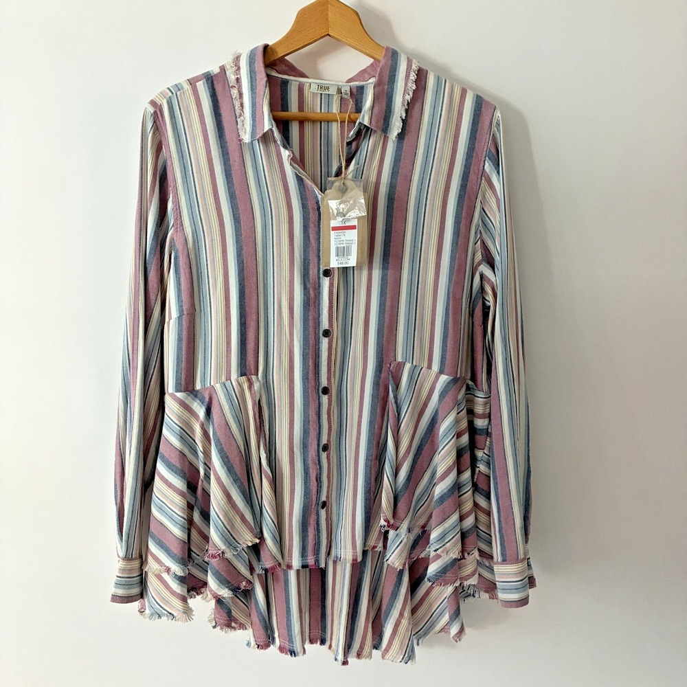 True Craft High Low Blouse Size 1X Frayed Raw Hem Blue Pink Striped Boho Western